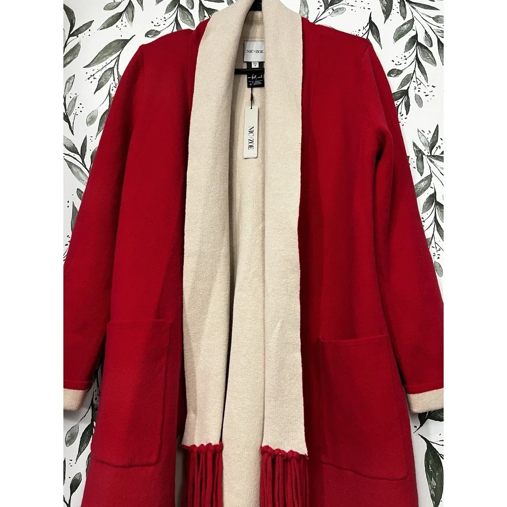 NIC+ZOE Cool Nights Reversible Fringe Jacket Red Tan Sz S Elegant Classic #A